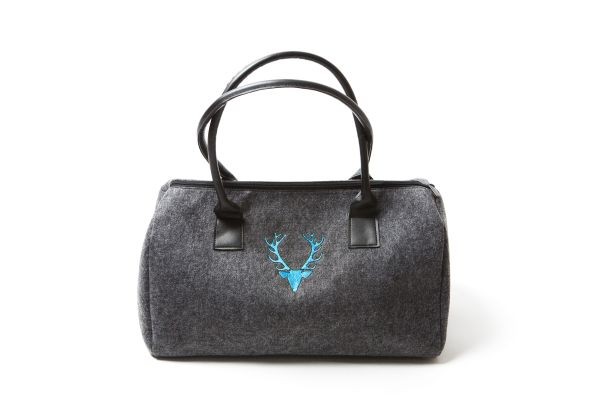 Damenhandtasche Dunkelgrau | Hirschkopf - hellblau bestickt